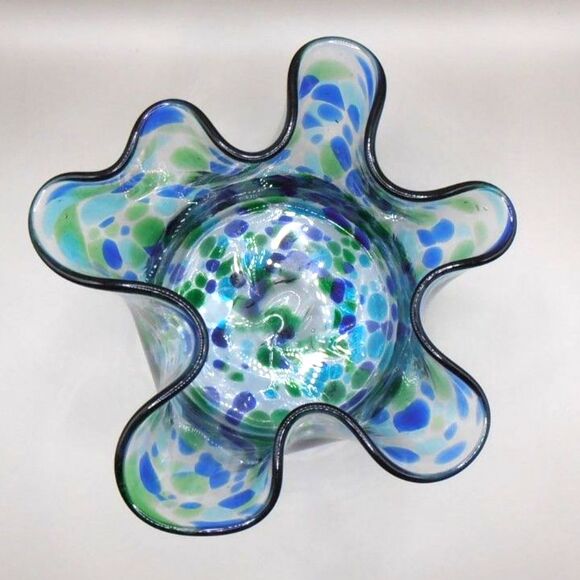 Hand Blown Art Glass Ruffle Rim Bowl – Blue & Green – Made in Mexico – 3.5” Tall - Picture 3 of 4
